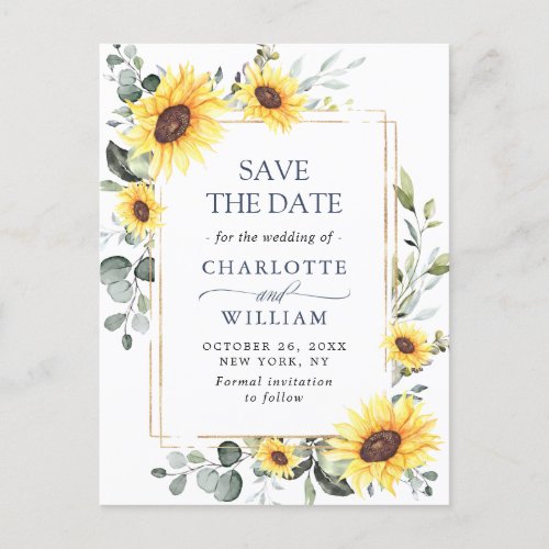 Elegant Eucalyptus Sunflower Wedding Save the Date Postcard