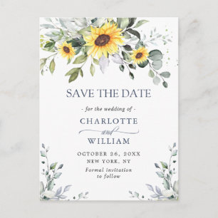 Elegant Eucalyptus Sunflower Wedding Save the Date Postcard