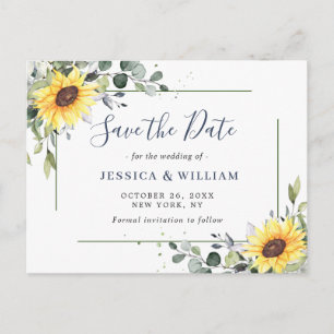 Elegant Eucalyptus Sunflower Wedding Save the Date Postcard