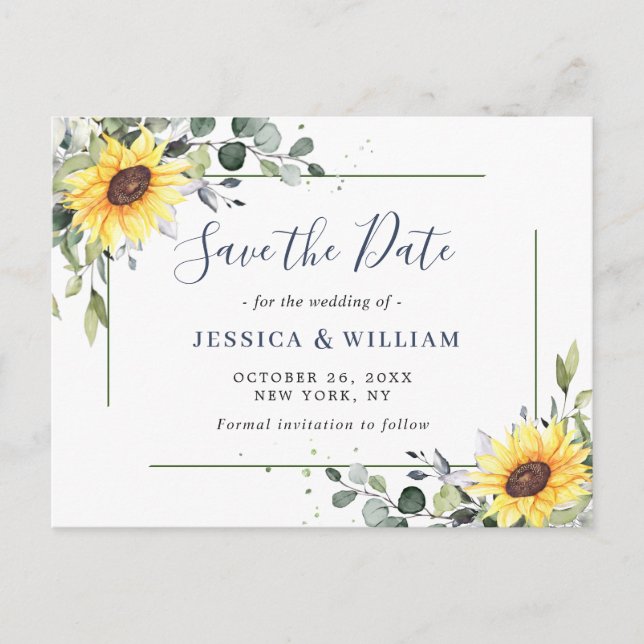 Elegant Eucalyptus Sunflower Wedding Save the Date Postcard (Front)