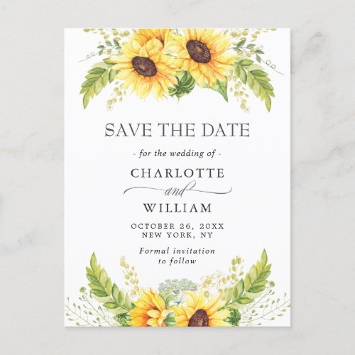 Elegant Eucalyptus Sunflower Wedding Save the Date Postcard