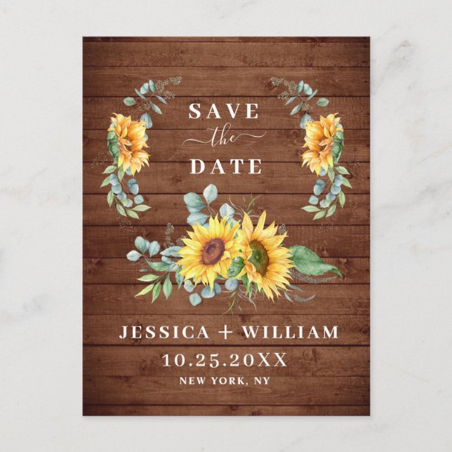 Elegant Eucalyptus Sunflower Wedding Save the Date Postcard (Front)