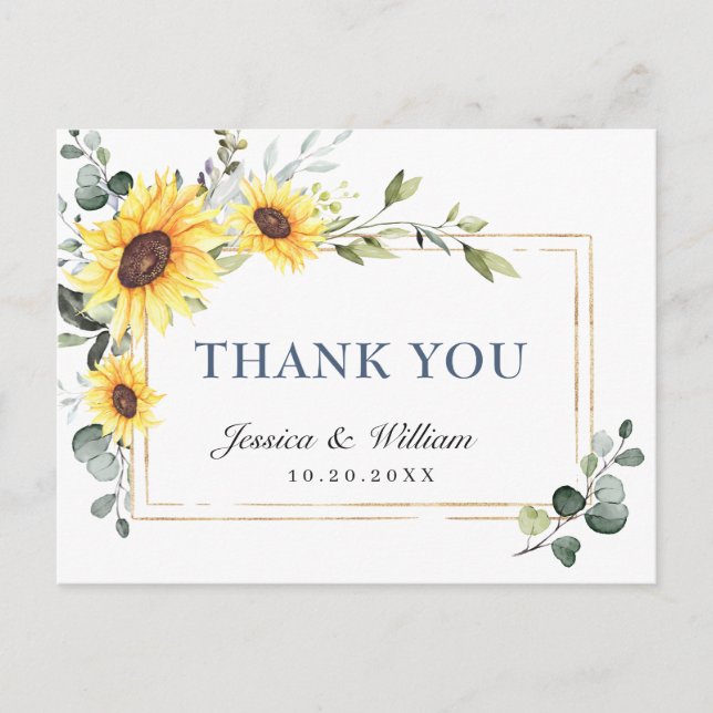 Elegant Eucalyptus Sunflowers Floral Thank You Postcard (Front)