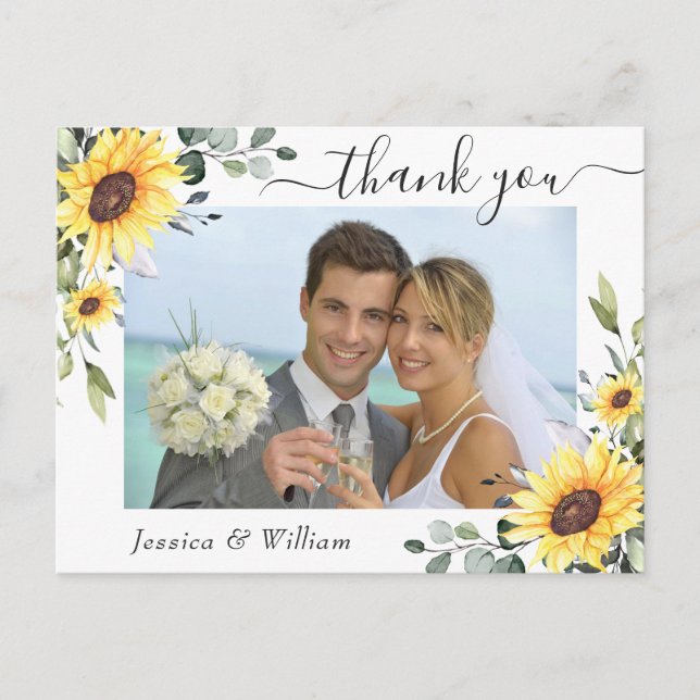 Elegant Eucalyptus Sunflowers PHOTO Thank You Postcard (Front)