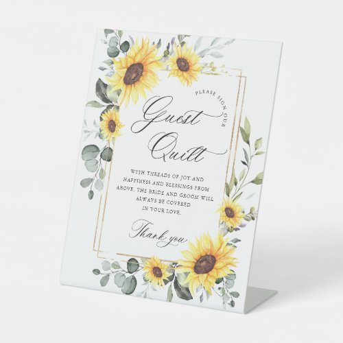 Elegant Eucalyptus Sunflowers Wedding Guest Quilt Pedestal Sign