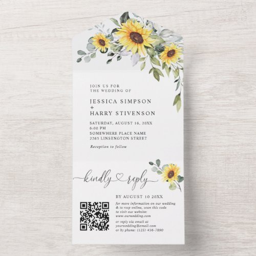 Elegant Eucalyptus Sunflowers Wedding QR code All In One Invitation