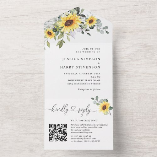 Elegant Eucalyptus Sunflowers Wedding QR code All In One Invitation