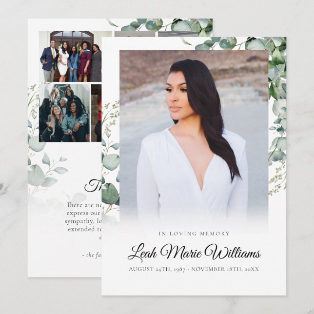 Elegant Eucalyptus Sympathy Funeral  Thank You Card (Front/Back)