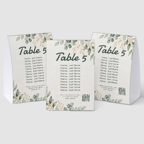 Elegant Eucalyptus  Table Number with qr code Paper Table Tent