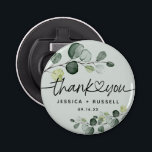 Elegant Eucalyptus Thank You Wedding Bottle Opener<br><div class="desc">Dusty light green with watercolor eucalyptus leaves bottle opener with thank you with heart connecting and name and date. Perfect idea for wedding favors or gifts for guests for any occasion.</div>