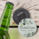 Elegant Eucalyptus Thank You Wedding Bottle Opener<br><div class="desc">Dusty light green with watercolor eucalyptus leaves bottle opener with thank you with heart connecting and name and date. Perfect idea for wedding favors or gifts for guests for any occasion.</div>