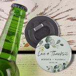 Elegant Eucalyptus Thank You Wedding Bottle Opener<br><div class="desc">Dusty light green with watercolor eucalyptus leaves bottle opener with love & thanks,  name and date. Perfect idea for wedding favors or gifts for guests for any occasion.</div>