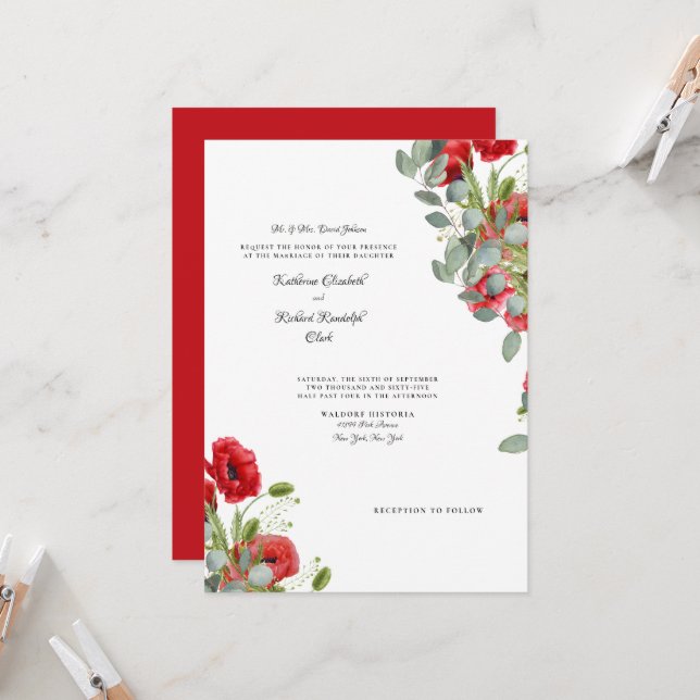 Elegant Eucalyptus Vibrant Red Floral Wedding  Invitation (Front/Back In Situ)