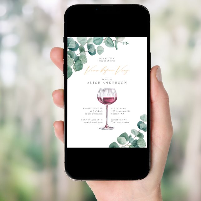 Elegant Eucalyptus Vino Before Vows Bridal Shower  Invitation (Front Digital)