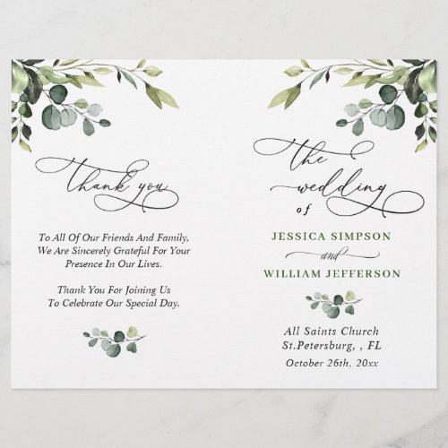 Elegant Eucalyptus Watercolor Boho Wedding Program