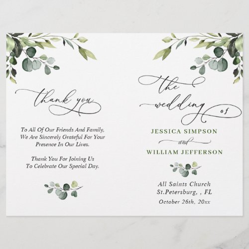 Elegant Eucalyptus Watercolor Boho Wedding Program