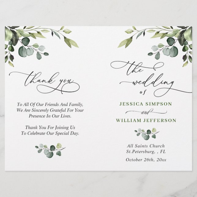 Elegant Eucalyptus Watercolor Boho Wedding Program (Front)