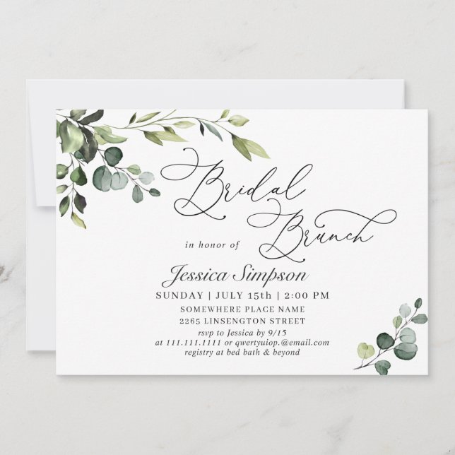 Elegant Eucalyptus Watercolor Bridal Brunch Invitation (Front)
