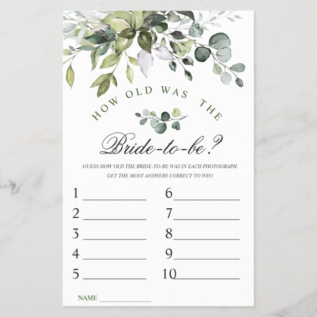 Elegant Eucalyptus Watercolor Bridal Shower Game