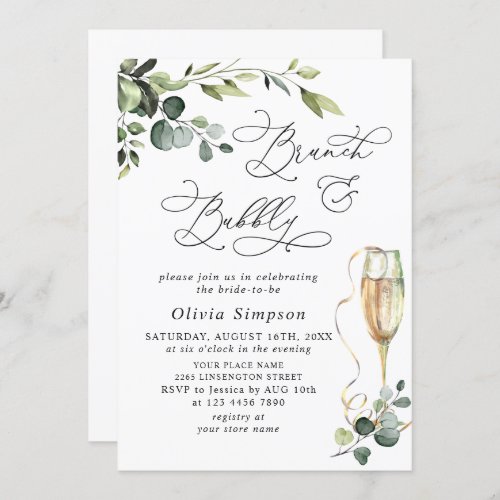 Elegant Eucalyptus Watercolor Brunch  Bubbly Invitation