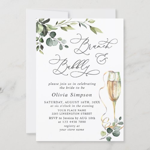 Elegant Eucalyptus Watercolor Brunch  Bubbly Invitation