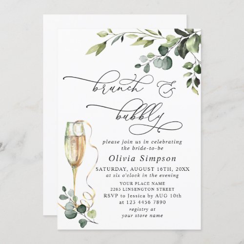 Elegant Eucalyptus Watercolor Brunch  Bubbly Invitation