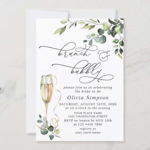 Elegant Eucalyptus Watercolor Brunch  Bubbly Invitation