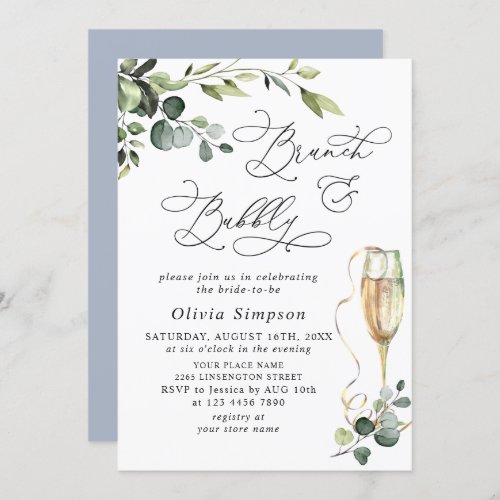 Elegant Eucalyptus Watercolor Brunch  Bubbly Invitation