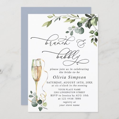 Elegant Eucalyptus Watercolor Brunch  Bubbly Invitation