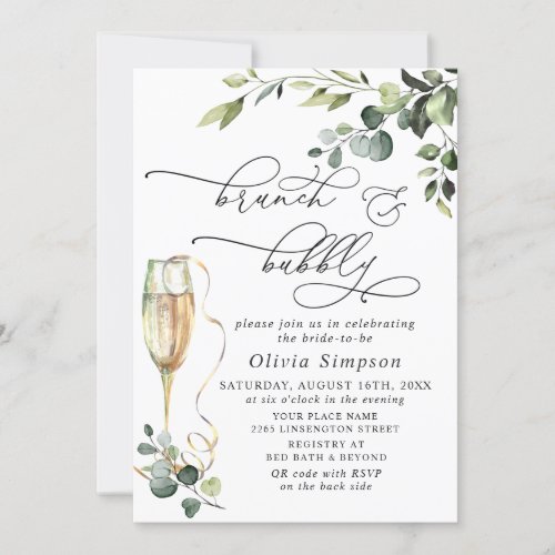 Elegant Eucalyptus Watercolor Brunch  Bubbly Invitation