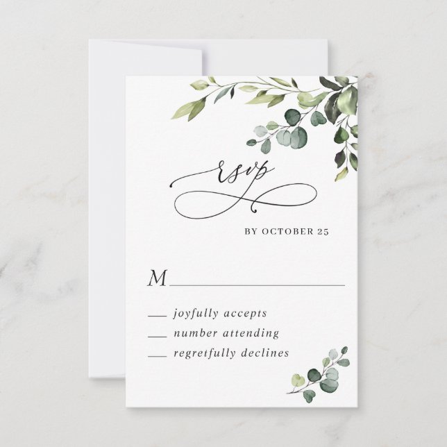 Elegant Eucalyptus Watercolor Floral Wedding RSVP Card (Front)