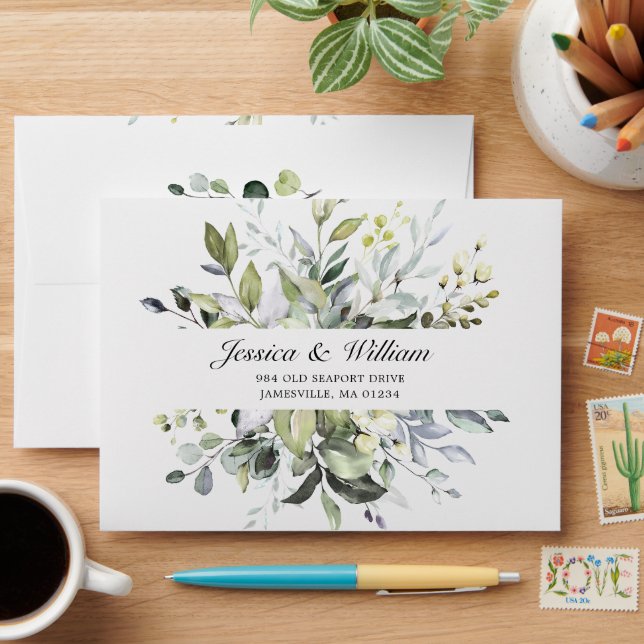 Elegant Eucalyptus Watercolor Foliage RSVP Envelope (Desk)