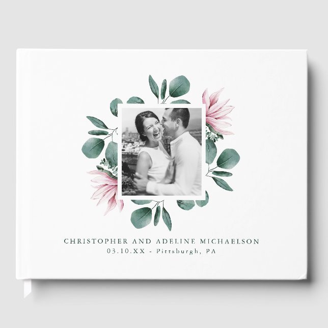 Elegant Eucalyptus Watercolor Frame Photo Wedding Guest Book (Front)