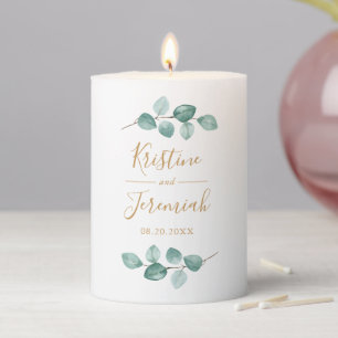 Elegant Eucalyptus Watercolor Gold Script Wedding Pillar Candle