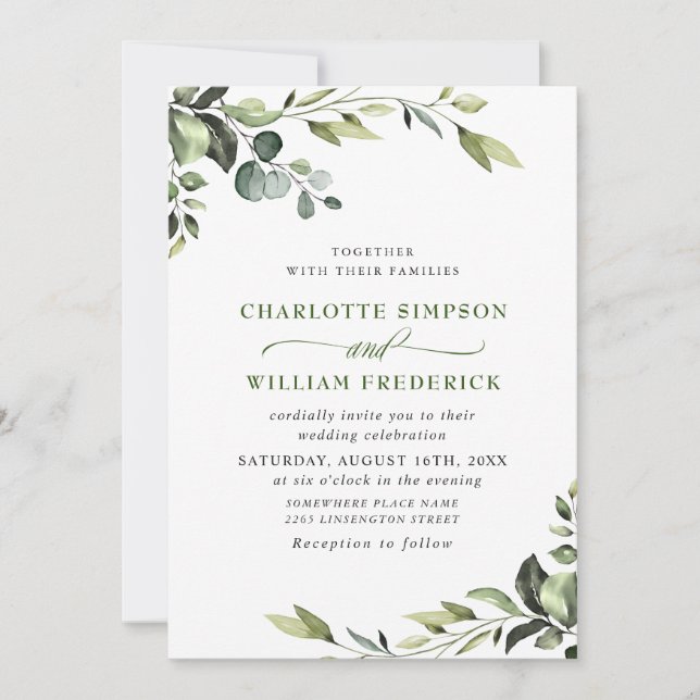 Elegant Eucalyptus Watercolor Greenery Wedding Invitation (Front)