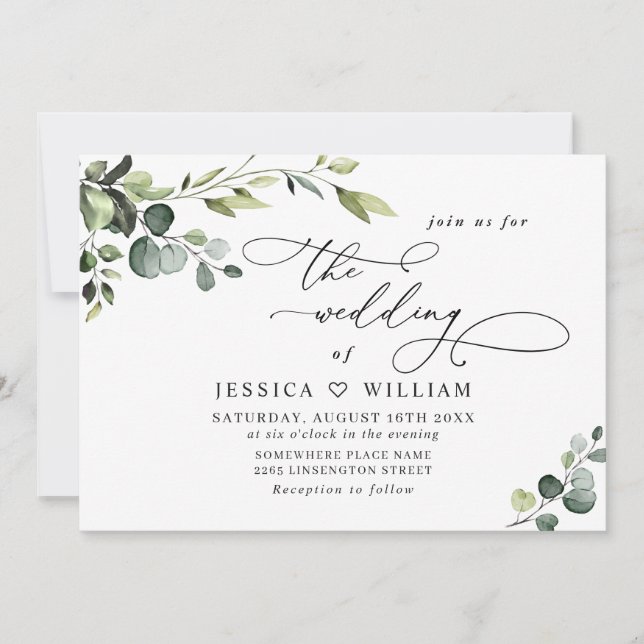 Elegant Eucalyptus Watercolor Greenery Wedding Invitation (Front)