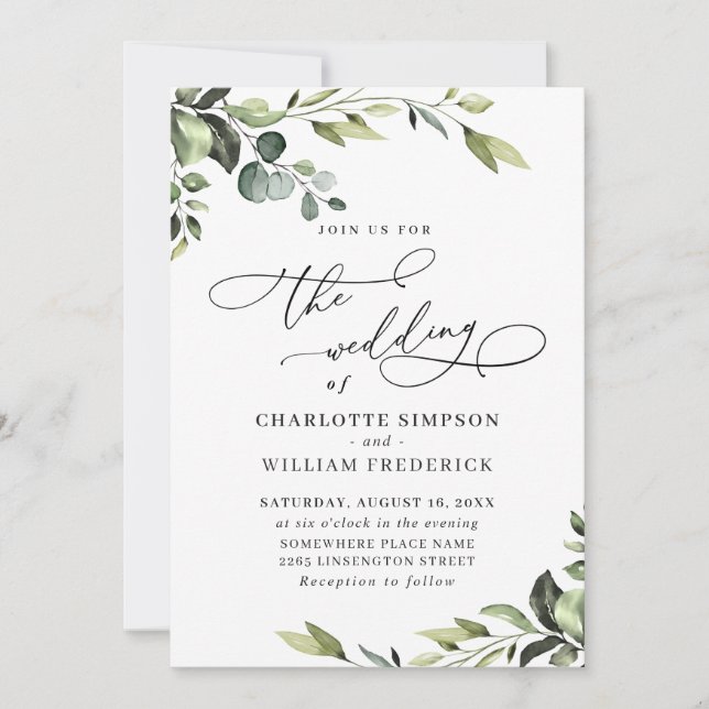 Elegant Eucalyptus Watercolor Greenery Wedding Invitation (Front)