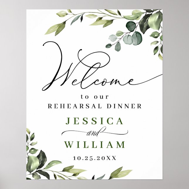 Elegant Eucalyptus Watercolor Rehearsal Dinner Poster (Front)