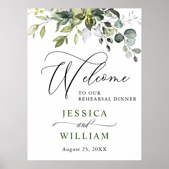 Elegant Eucalyptus Watercolor Rehearsal Dinner Poster (Front)