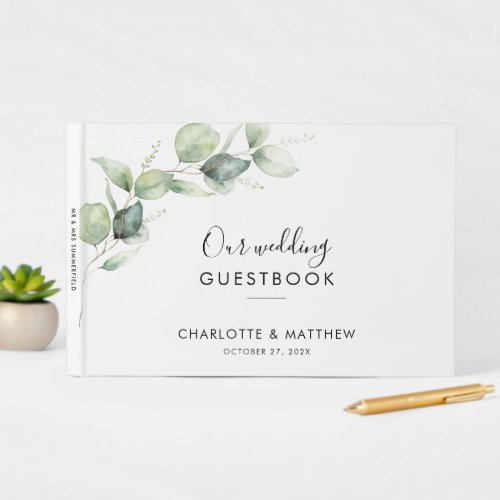 Elegant Eucalyptus Watercolor Script Wedding Guest Book