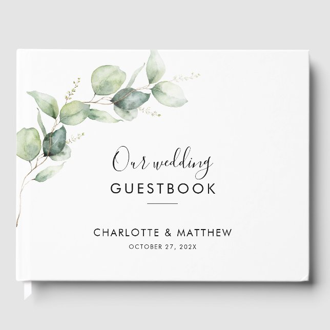 Elegant Eucalyptus Watercolor Script Wedding Guest Book (Front)