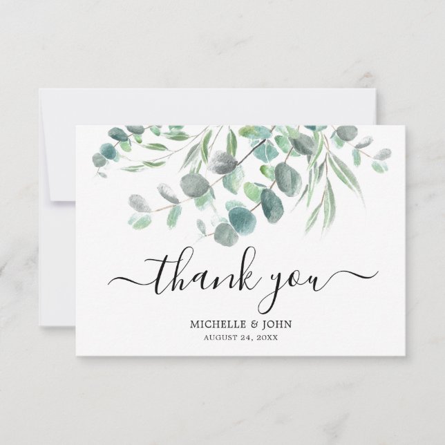 Elegant Eucalyptus Watercolor Script Wedding Thank You Card (Front)
