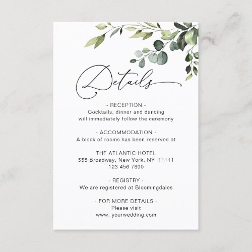 Elegant Eucalyptus Watercolor Wedding Details Enclosure Card