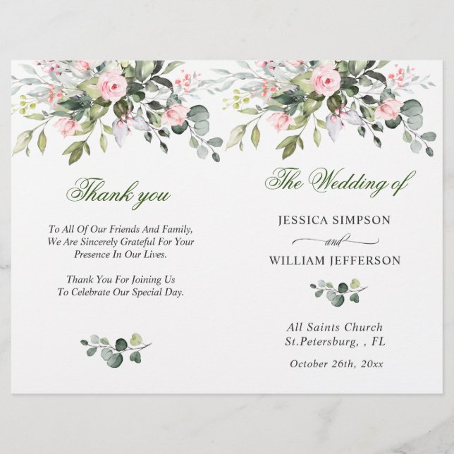 Elegant Eucalyptus Watercolor Wedding Program (Front)