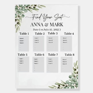 Elegant Eucalyptus Watercolor Wedding Seating Char Foam Board