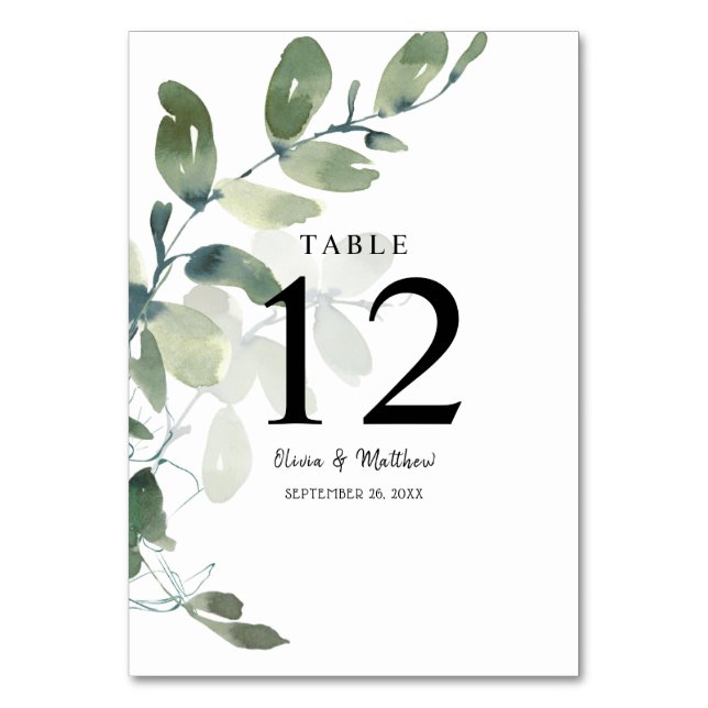 Elegant Eucalyptus Watercolor Wedding Table Number (Front)