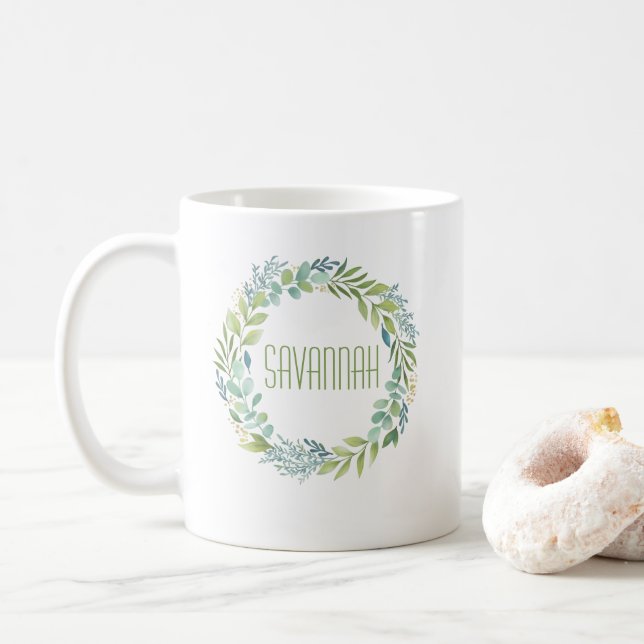 Elegant Eucalyptus Watercolor Wreath Mug (With Donut)