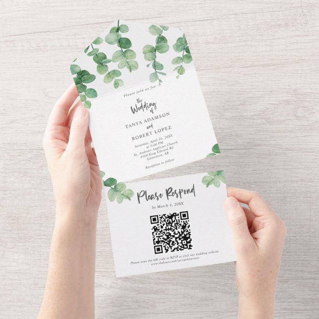 Elegant Eucalyptus Wedding Botanical QR Code All In One Invitation (Tearaway)
