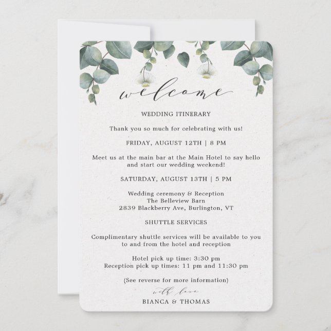 Elegant Eucalyptus Wedding Day Itinerary Announcement (Front)