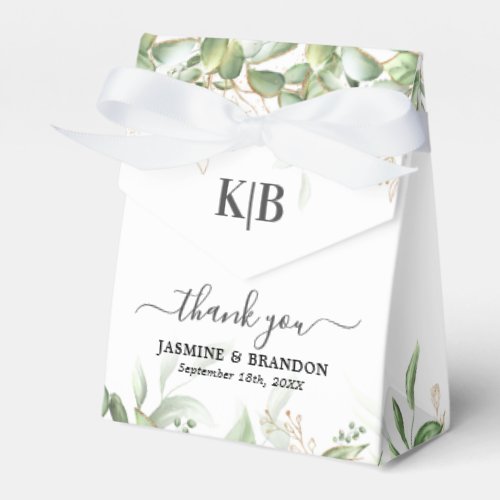 Elegant Eucalyptus Wedding Favor Box - Eucalyptus wedding favor boxes featuring a simple white background, elegant watercolor green botanical leaves, gold accents, your monogram and an modern editable wedding favor template. You will find matching wedding items further down the page, if however you can't find what you looking for please contact me.